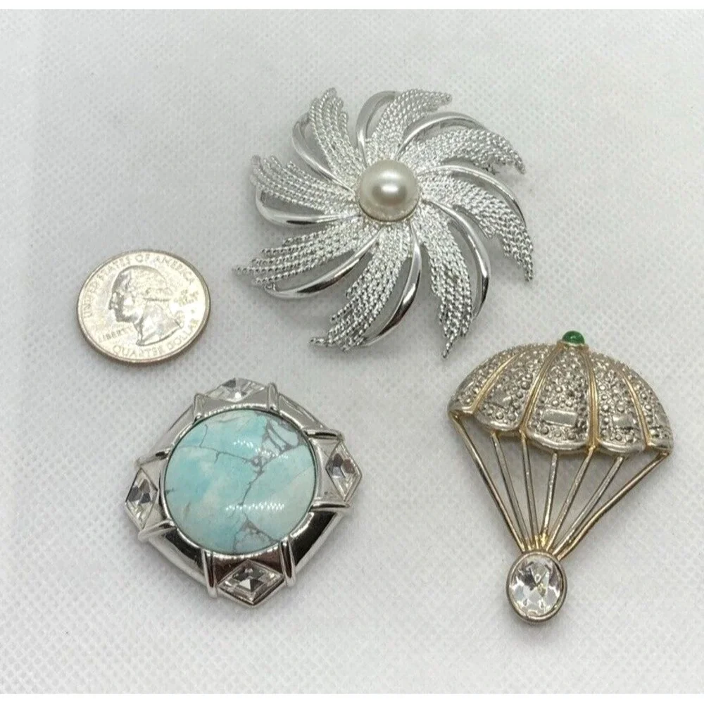 Vintage Lot of 3 Silver Tone Pin Brooch Clear Rhinestone Sarah‎ Coventry Flower